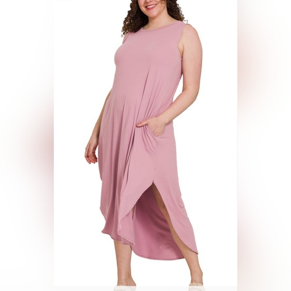 Zenana Plus Size Assymetrical Side Slit Maxi with Pockets in Light Rose